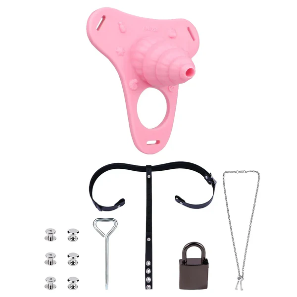 Fantasy Pink Conch Chastity Cage with Belt 17