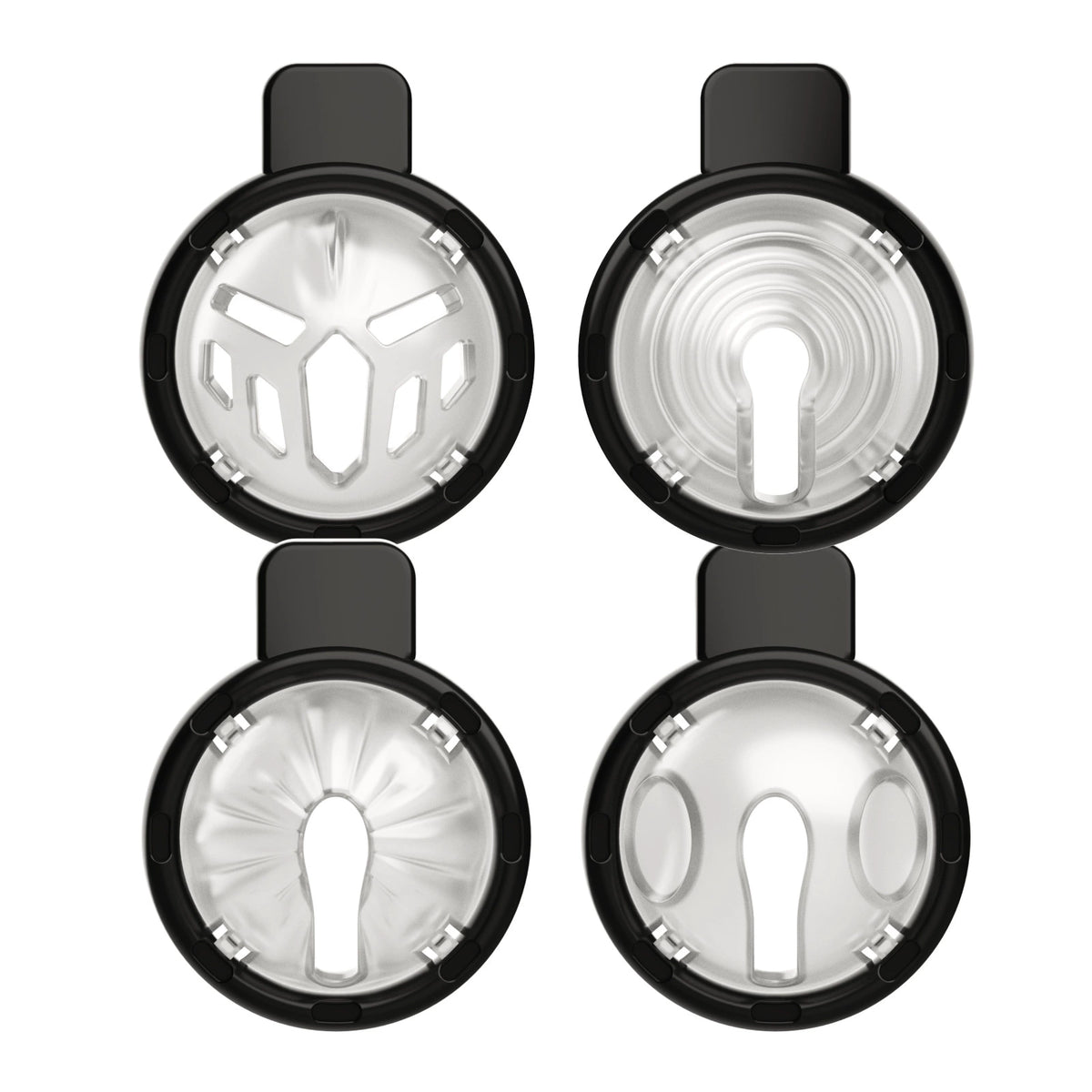 Four interchangeable black cage fronts shown from front and rear