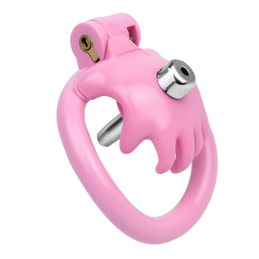 The Hand of Desire Holding Chastity Cage - pink cage with urethral