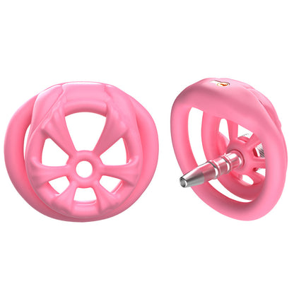 Pink 3D-Printed Embedded-Lock Chastity Cage front and side views