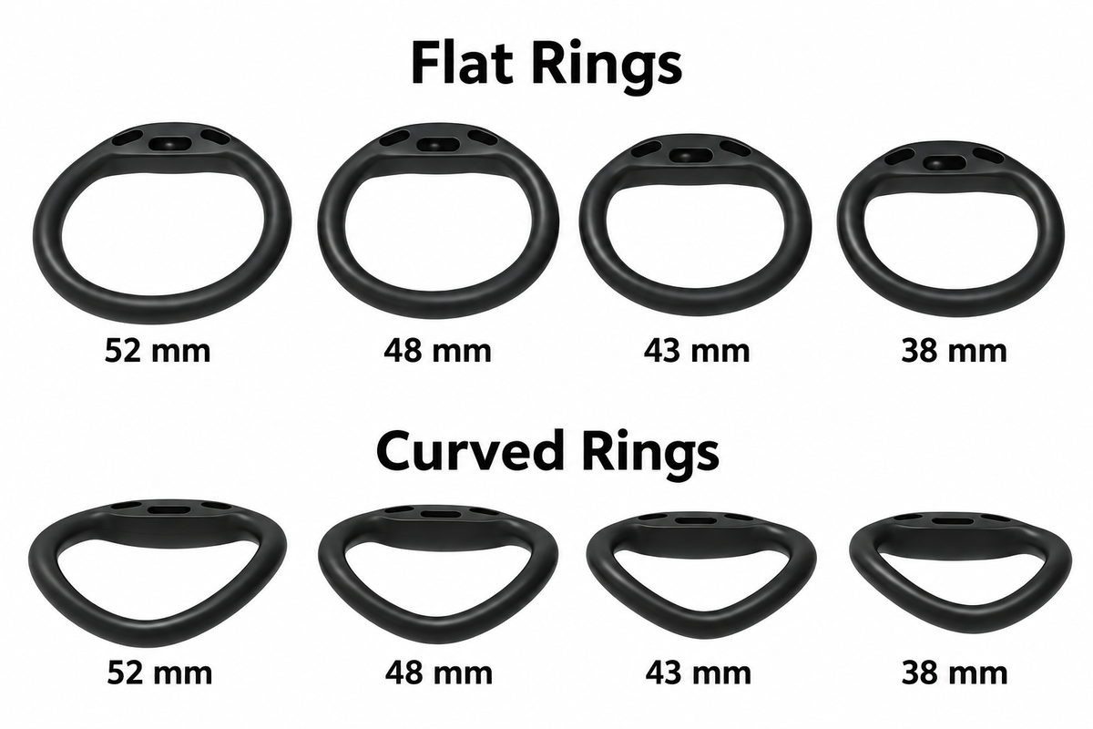 Flat and curved ring diameter chart, 38 mm to 52 mm