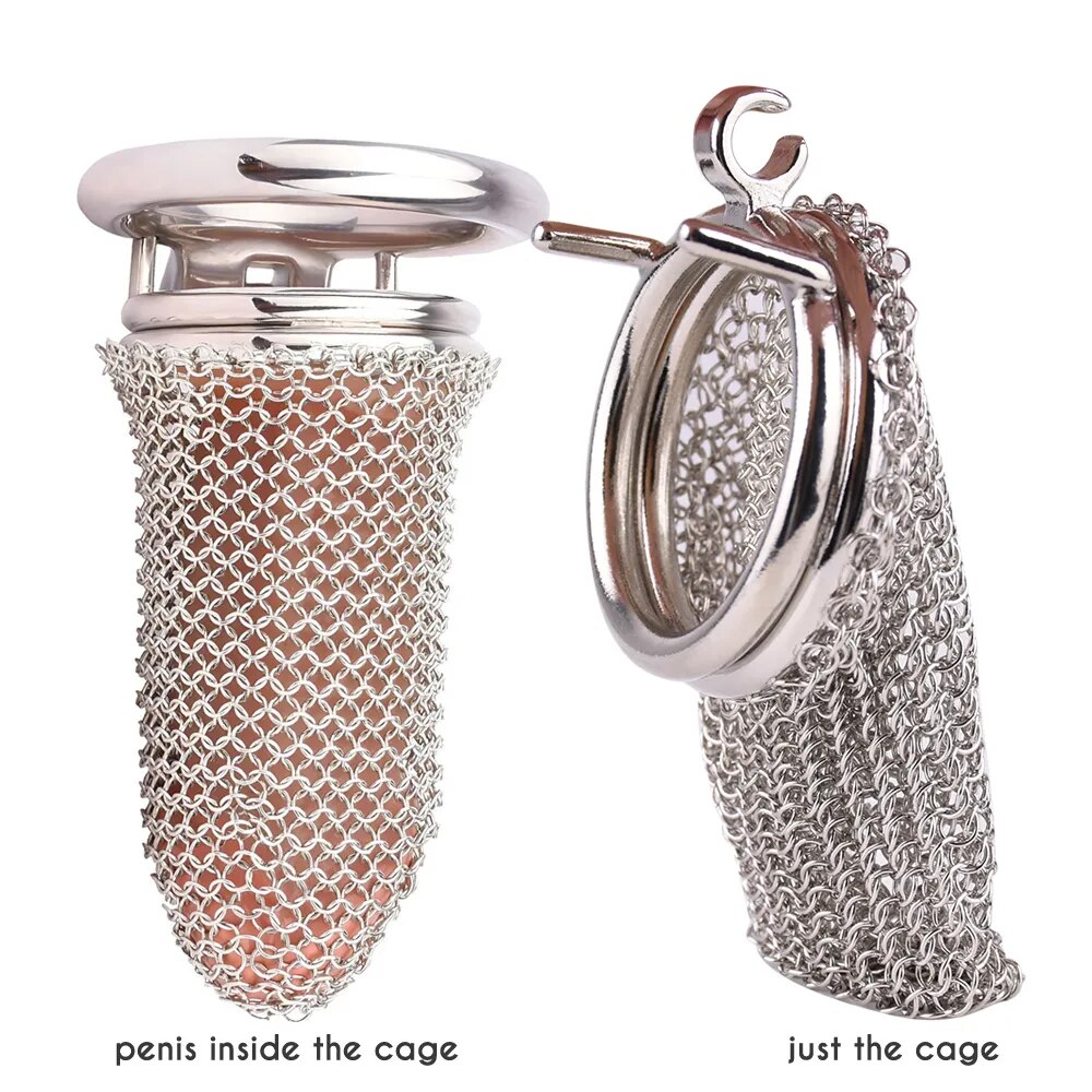 Cage de chasteté en maille d'acier inoxydable avec cotte de mailles - 4,33"