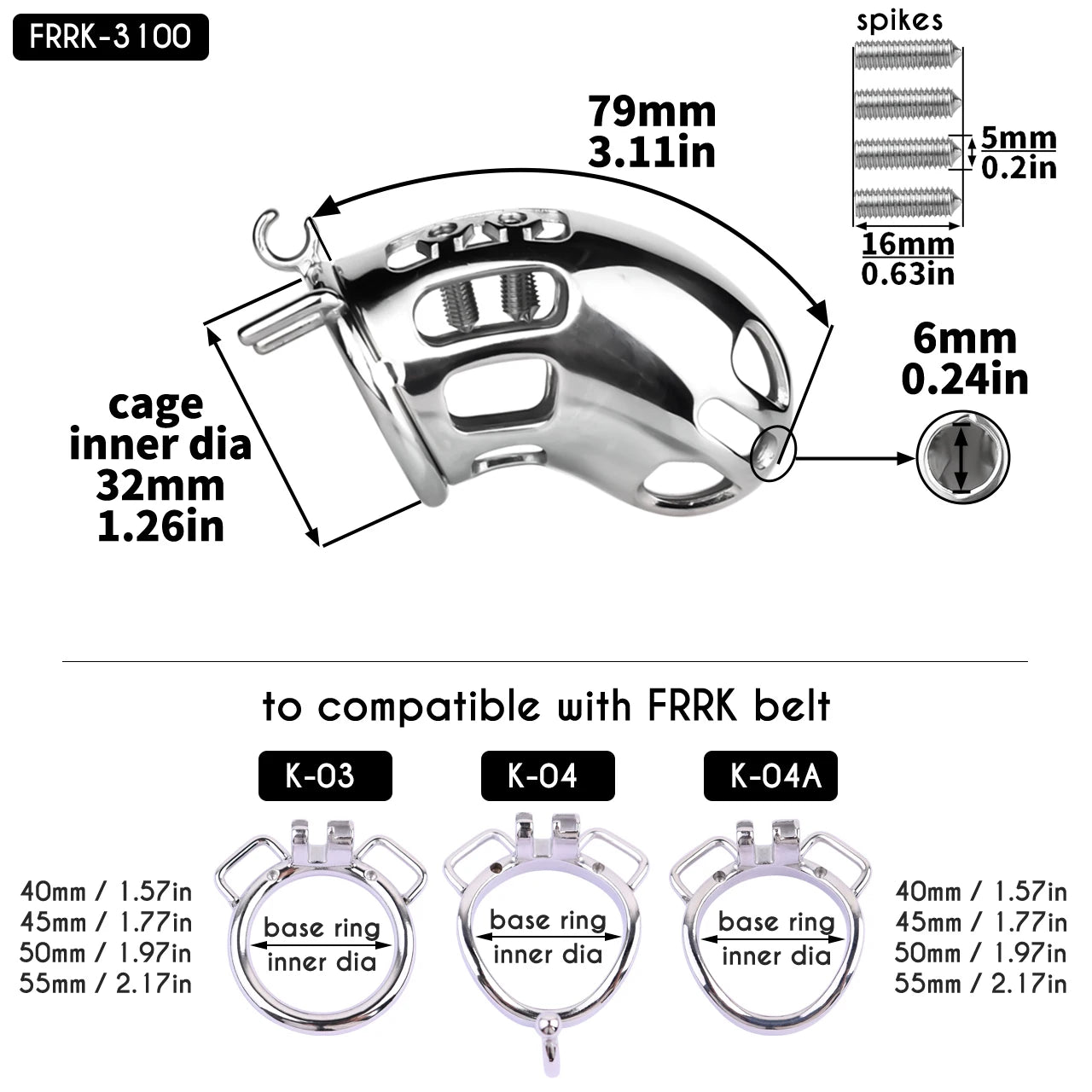 Metal Botted Male Chastity Cage with Belt