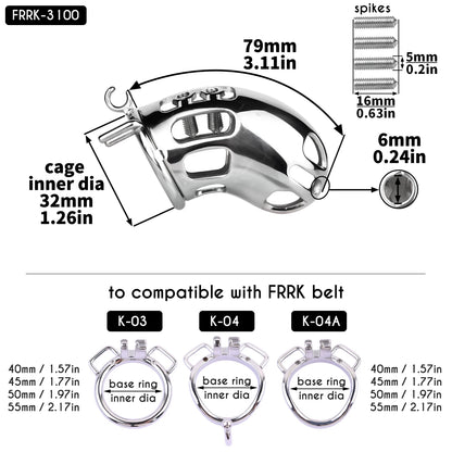 Metal Botted Male Chastity Cage with Belt