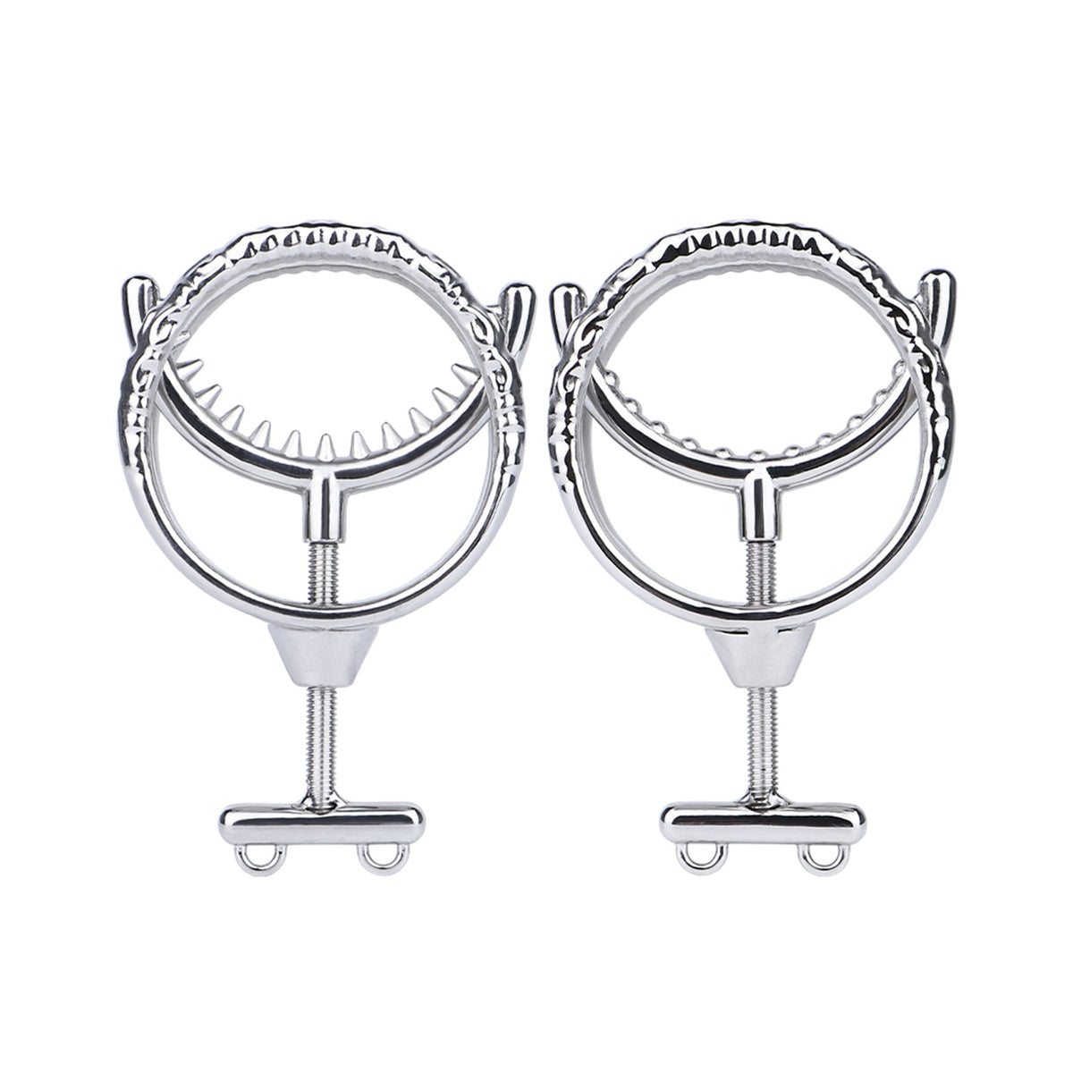 Adjustable Dual Ring Metal Cock Ring with Weighted Chains – round and spike teeth styles side by side