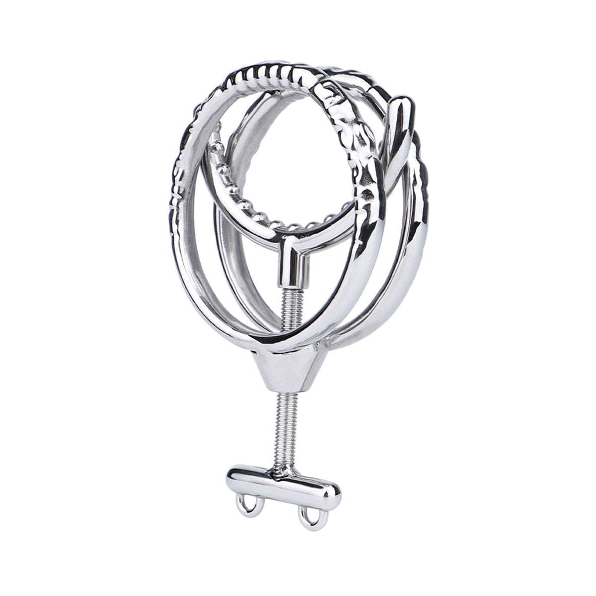 Adjustable Dual Ring Metal Cock Ring with Weighted Chains – round teeth ring angled view