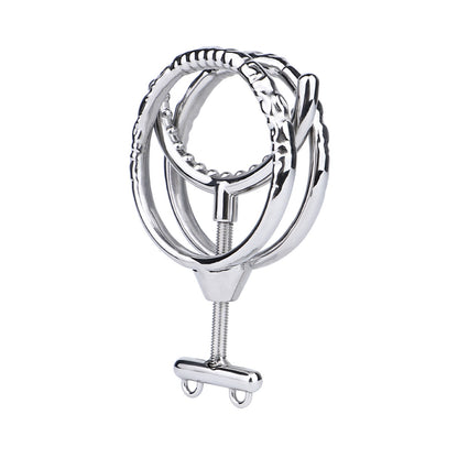 Adjustable Dual Ring Metal Cock Ring with Weighted Chains – round teeth ring angled view
