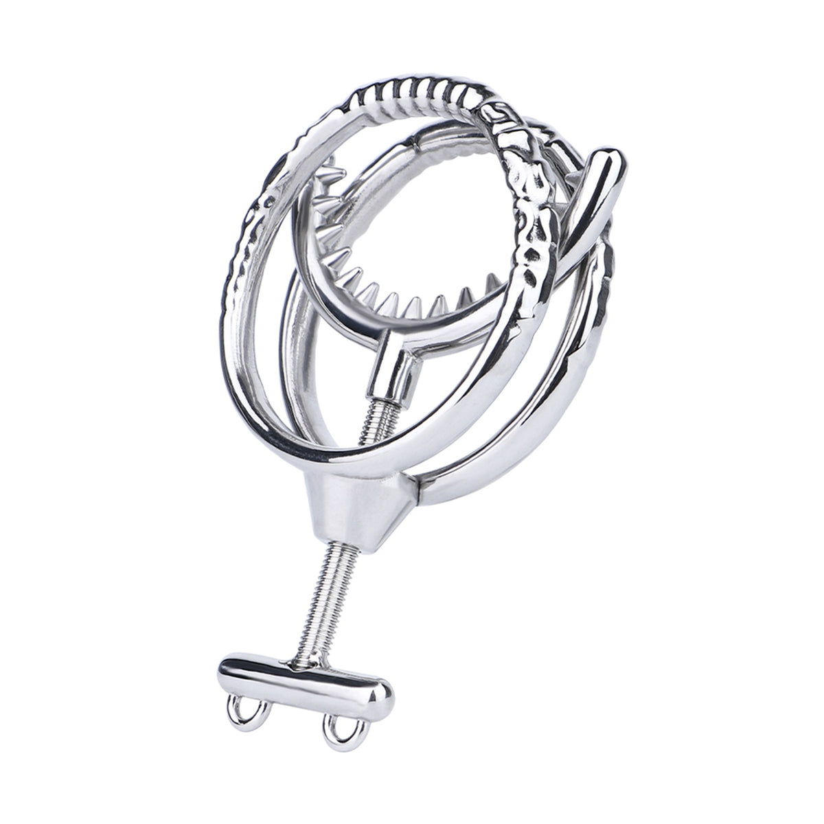 Adjustable Dual Ring Metal Cock Ring with Weighted Chains – spike teeth ring angled view