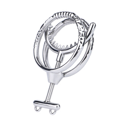 Adjustable Dual Ring Metal Cock Ring with Weighted Chains – spike teeth ring angled view
