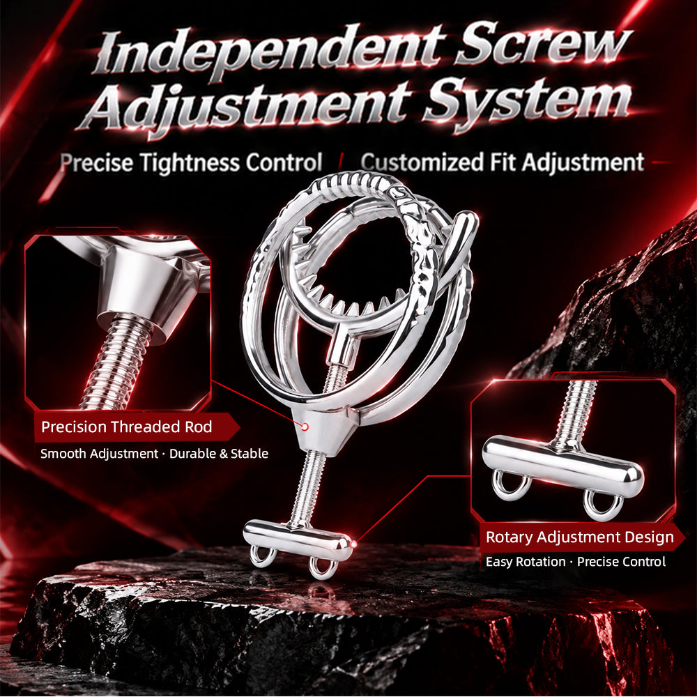 Adjustable Dual Ring Metal Cock Ring with Weighted Chains – screw adjustment detail
