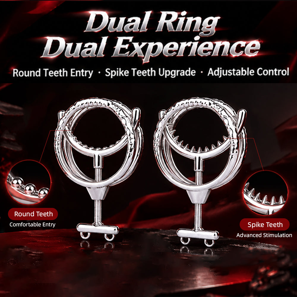 Adjustable Dual Ring Metal Cock Ring with Weighted Chains – round and spike inner ring comparison