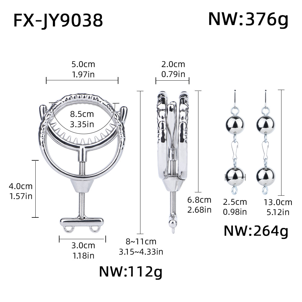 Adjustable Dual Ring Metal Cock Ring with Weighted Chains – spike teeth measurements and weight chart