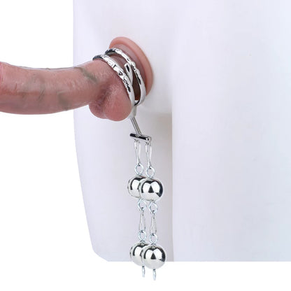 Adjustable Dual Ring Metal Cock Ring with Weighted Chains – worn on display dildo with weighted chains; dildo not included