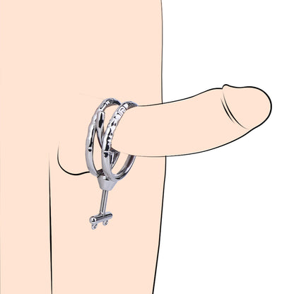 Adjustable Dual Ring Metal Cock Ring with Weighted Chains – illustrated fit on display dildo; dildo not included