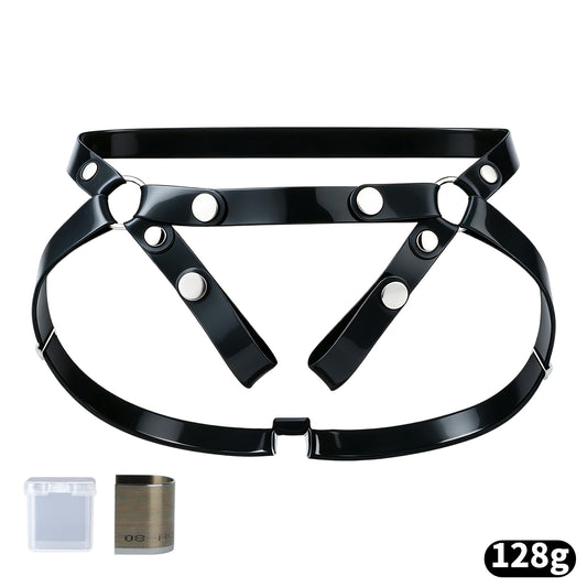 Black silicone chastity support belt with included U-shaped trimming blade and storage box