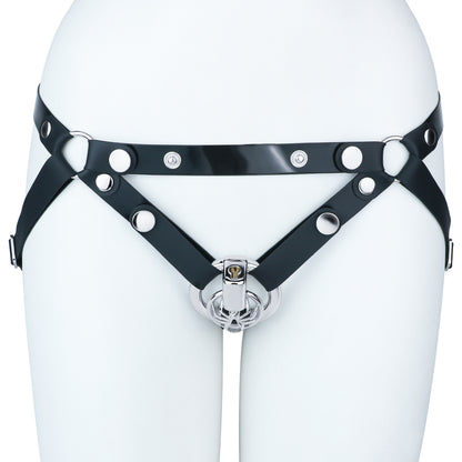 Front view of black support belt on mannequin; display cage not included