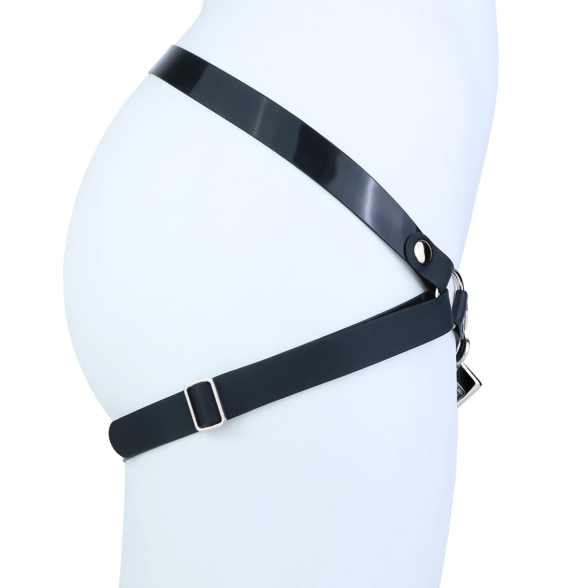 Left side view of silicone waist and rear support straps