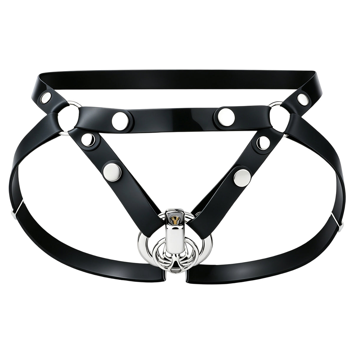 Front view of silicone belt and metal fasteners; demonstration cage sold separately