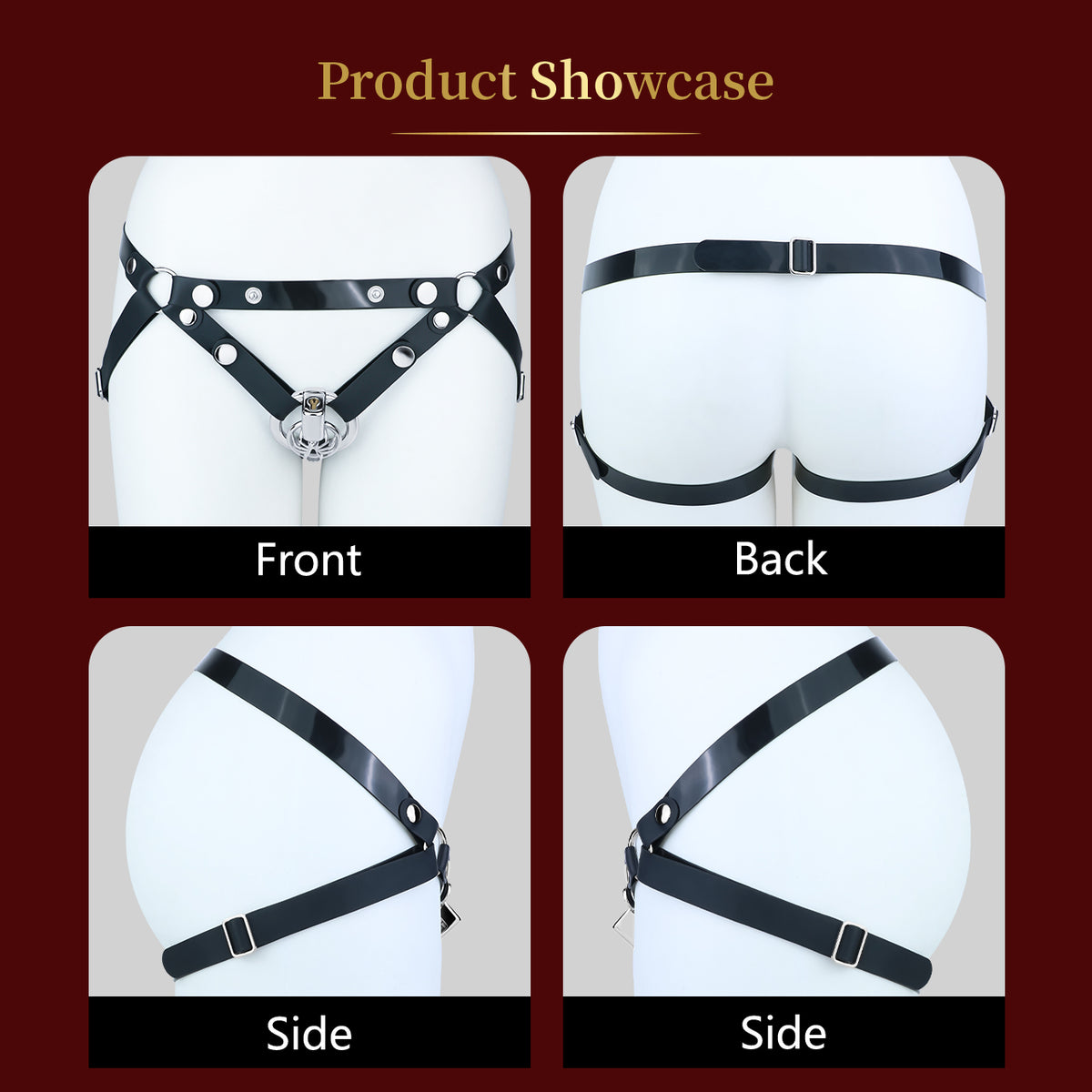 Front, back and side views of silicone support belt on mannequin