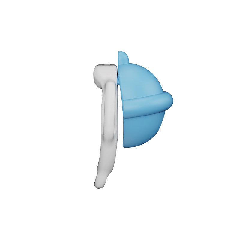 Solid blue bell-shaped chastity cage side view