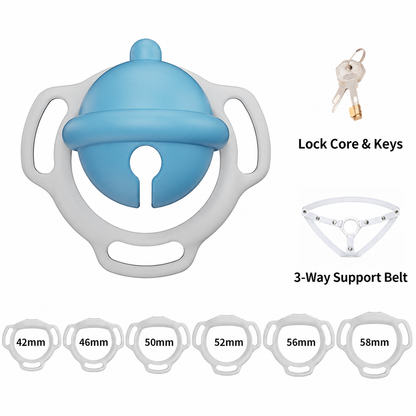 Bell-shaped chastity cage set showing six ring sizes 42 to 58 mm and three-way support belt