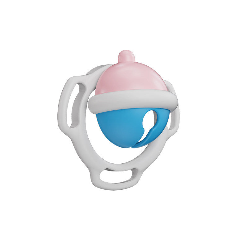 Blue and pink bell-shaped chastity cage angled view