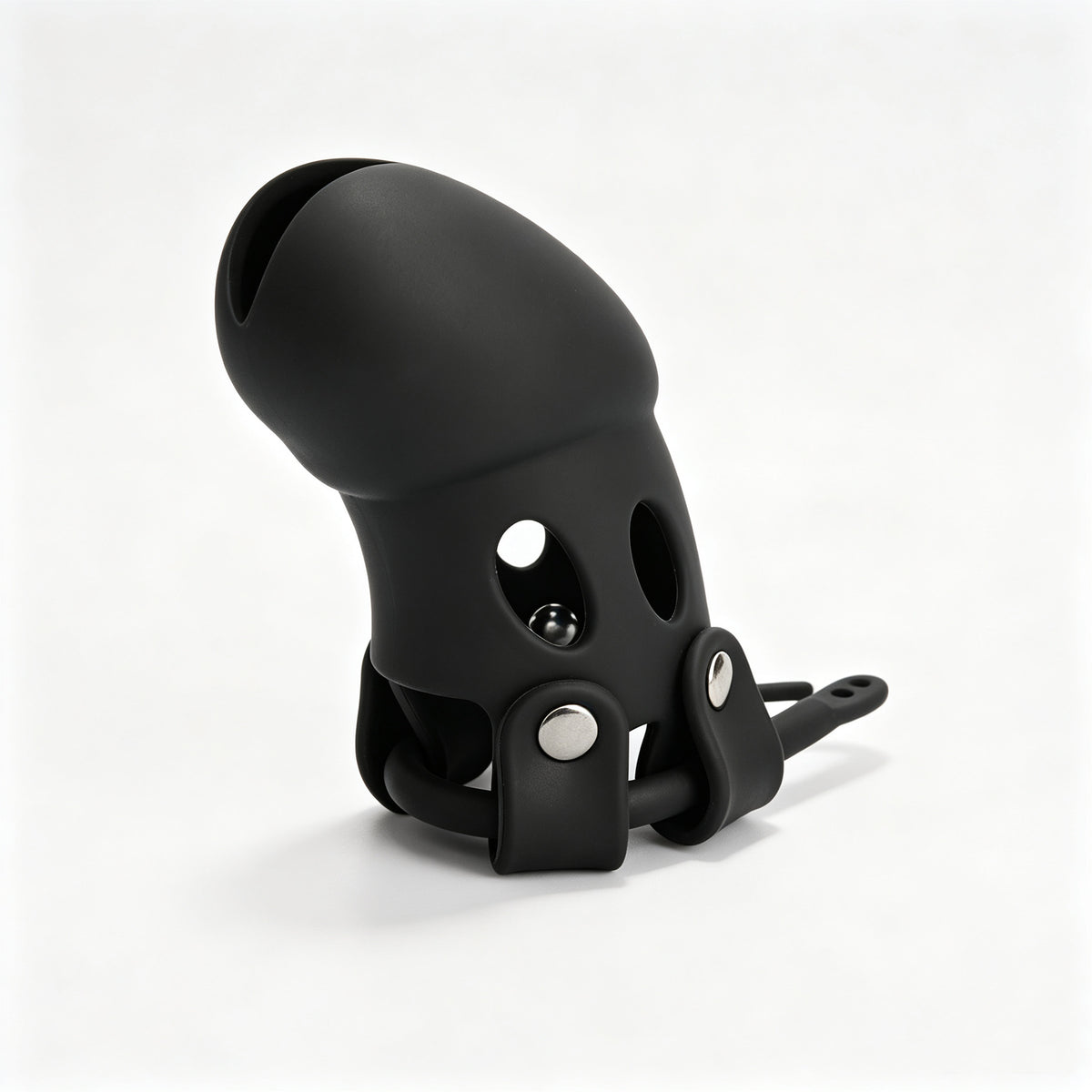 Black concealed-lock chastity cage front view