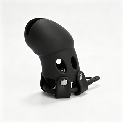 Black concealed-lock chastity cage front view