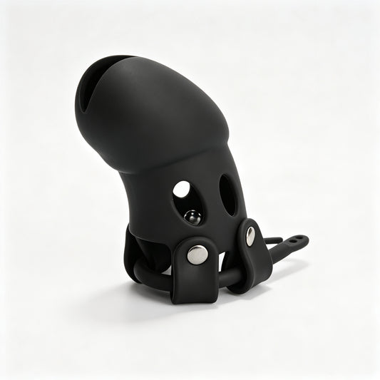 Black concealed-lock chastity cage front view