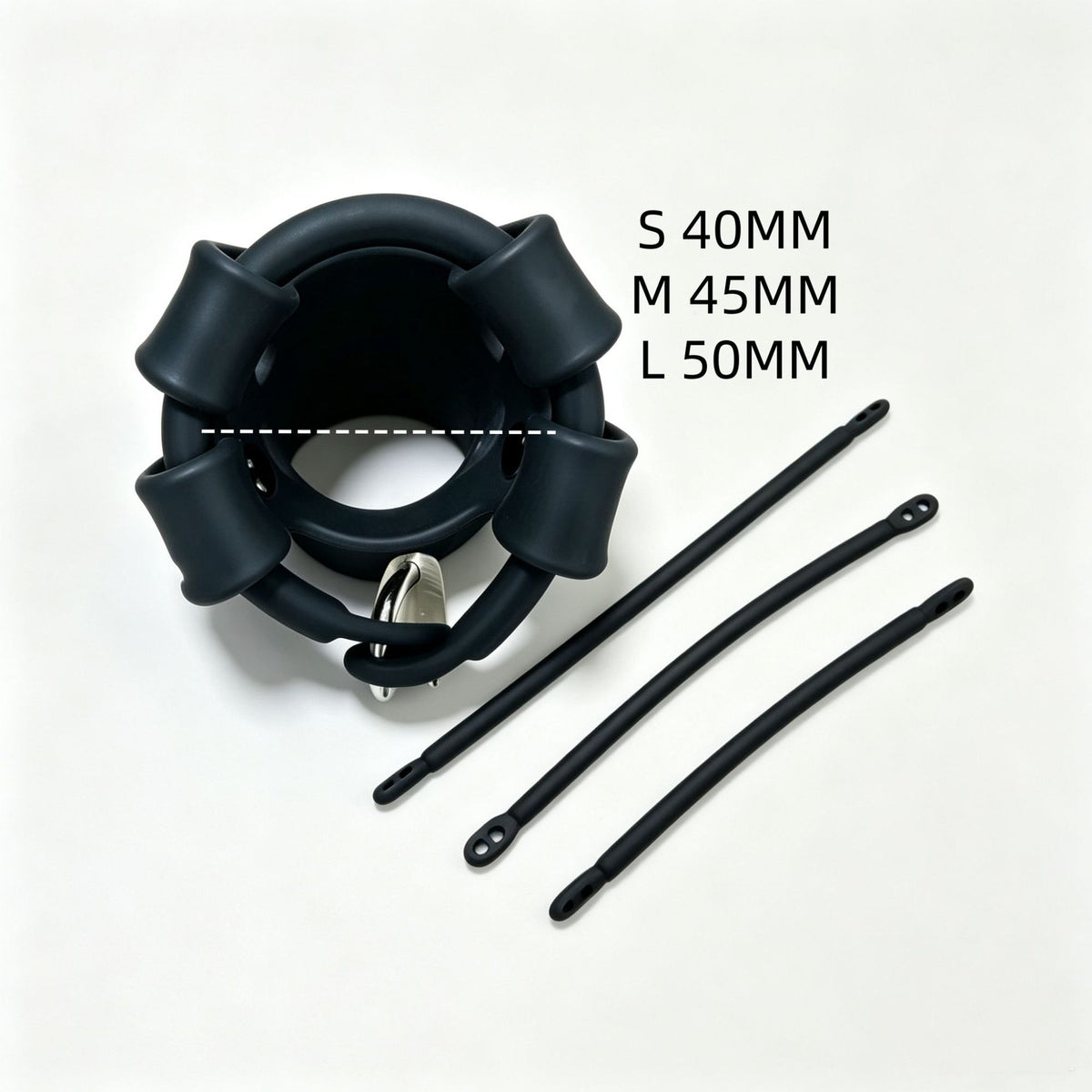 Black cage ring-size reference showing 40, 45 and 50 mm