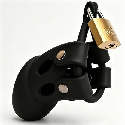 Black cage with brass padlock