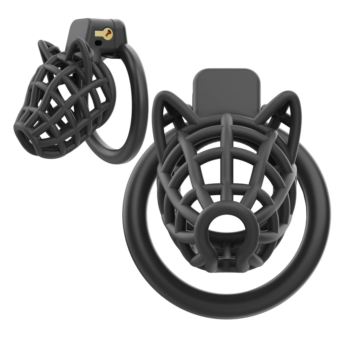 Black Dog Head Plastic Chastity Cage front and side views on white