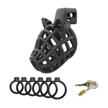 Black dog head cage with six base rings, brass lock and two keys