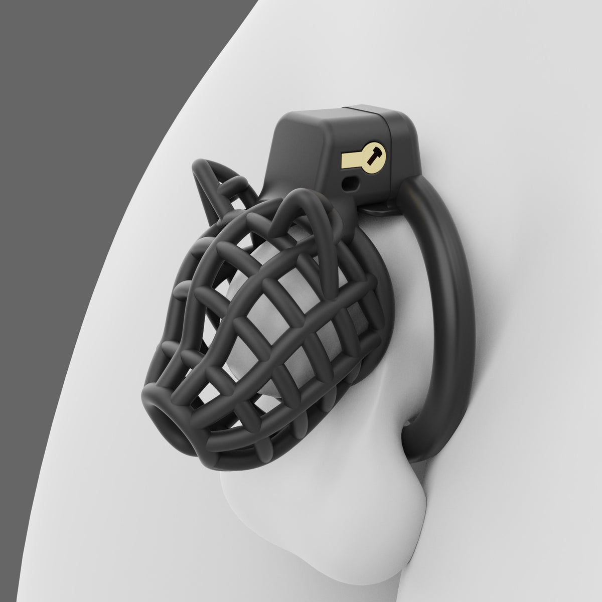 Black Dog Head Plastic Chastity Cage shown on a neutral display model