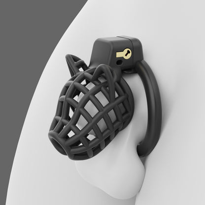 Black Dog Head Plastic Chastity Cage shown on a neutral display model