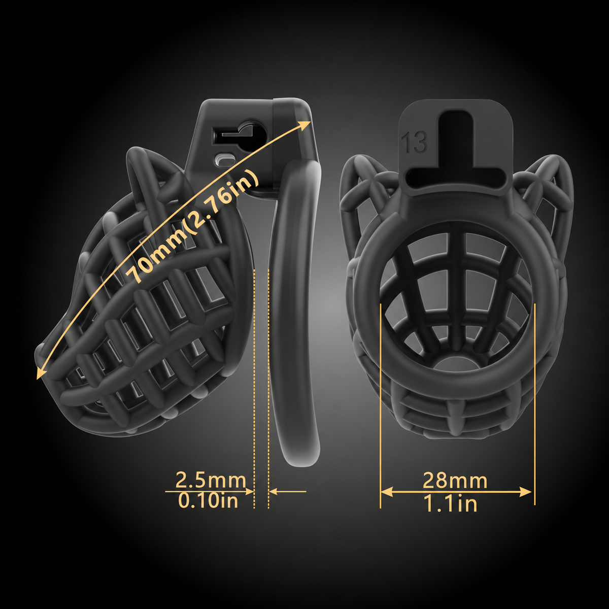 Black dog head chastity cage measurement chart: 70 mm length, 28 mm width and 2.5 mm spacing