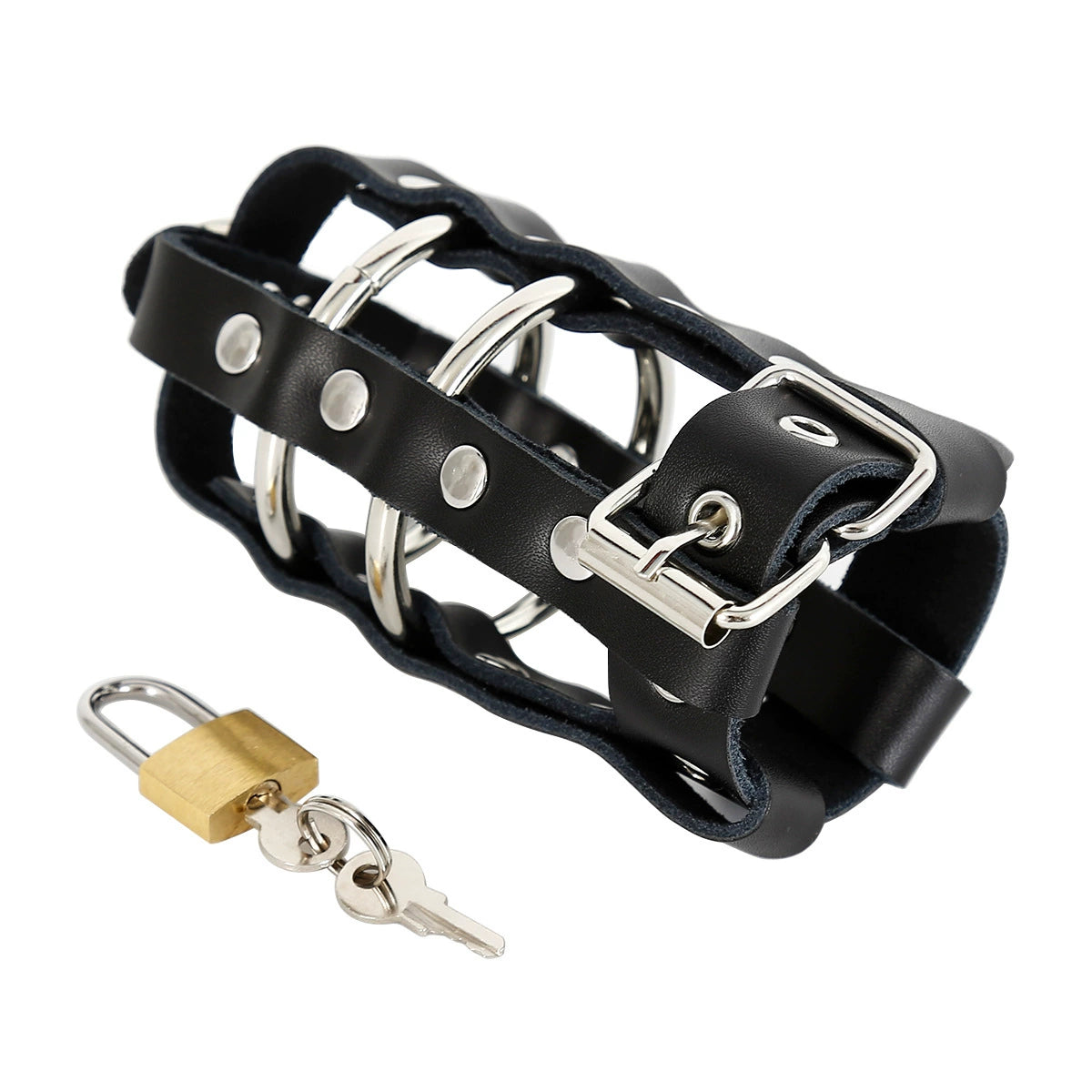 Standard black leather chastity cage, angled view with lock and keys