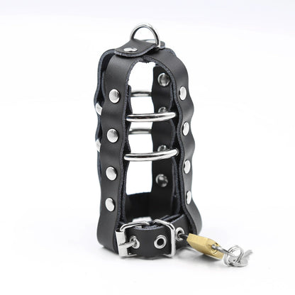 Black leather chastity cage with metal rings, standard front view
