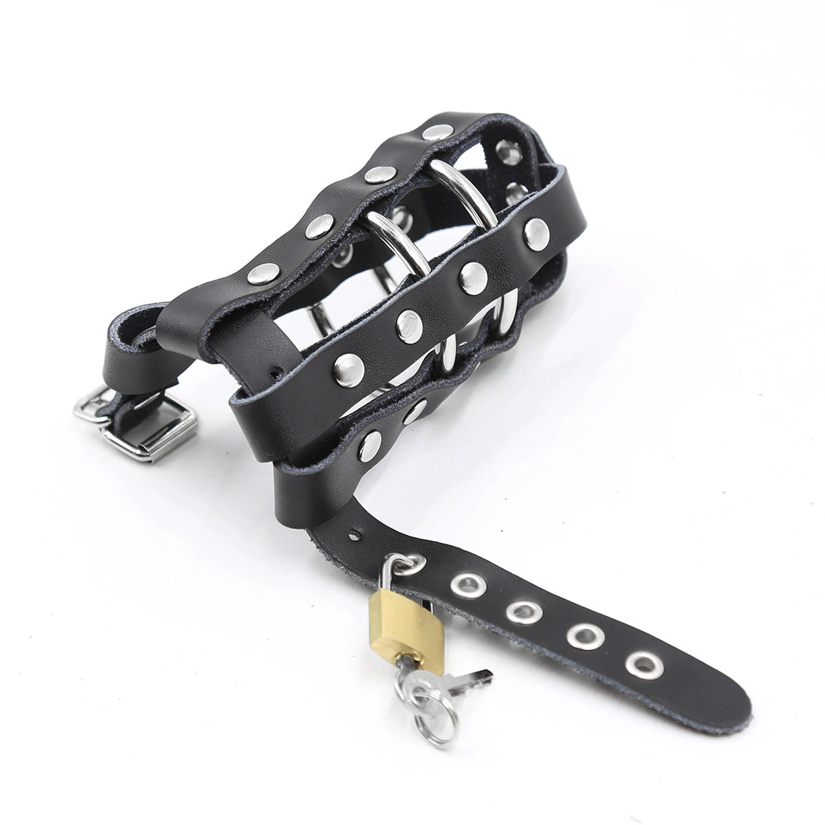 Black leather chastity cage standard style side angle