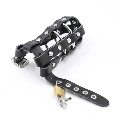 Black leather chastity cage standard style side angle