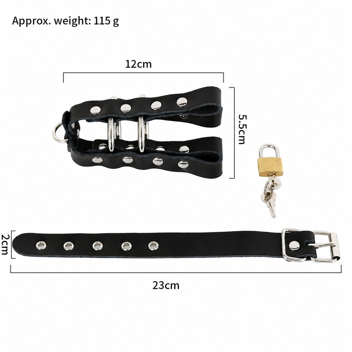Standard black leather chastity cage size chart with 12 cm body and 23 cm strap