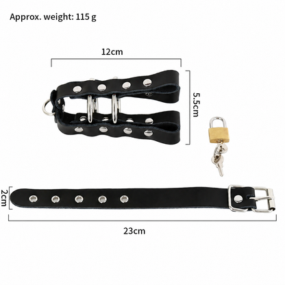 Standard black leather chastity cage size chart with 12 cm body and 23 cm strap