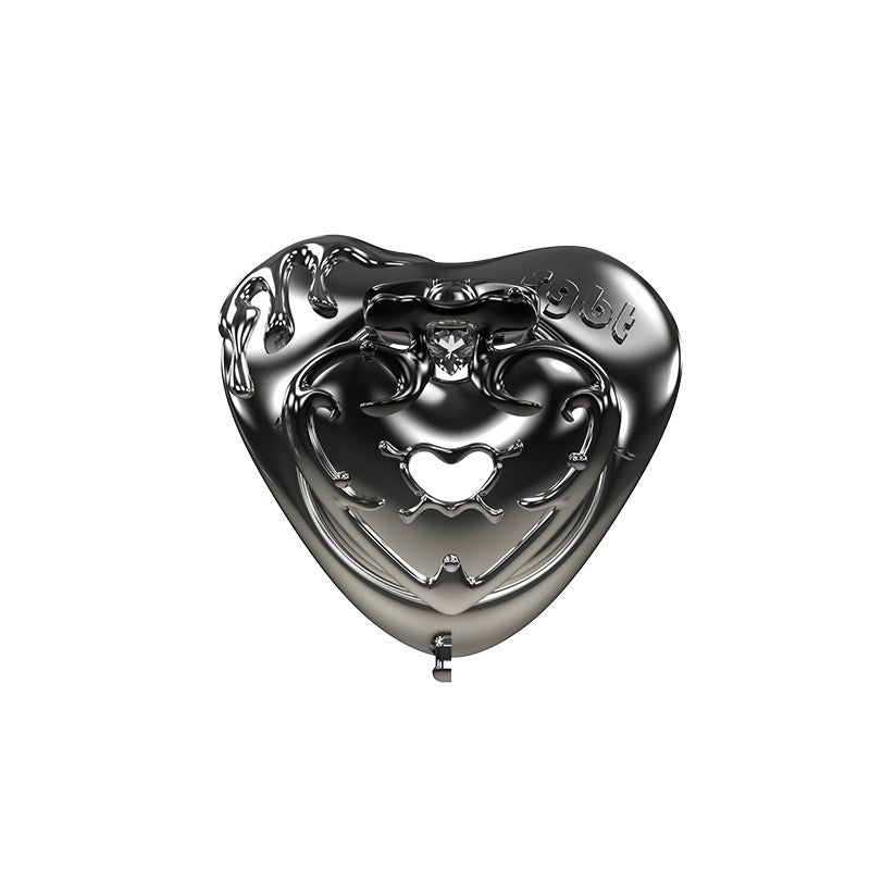 Front illustration of Black Spade flat plate resin chastity cage with clear gem accent