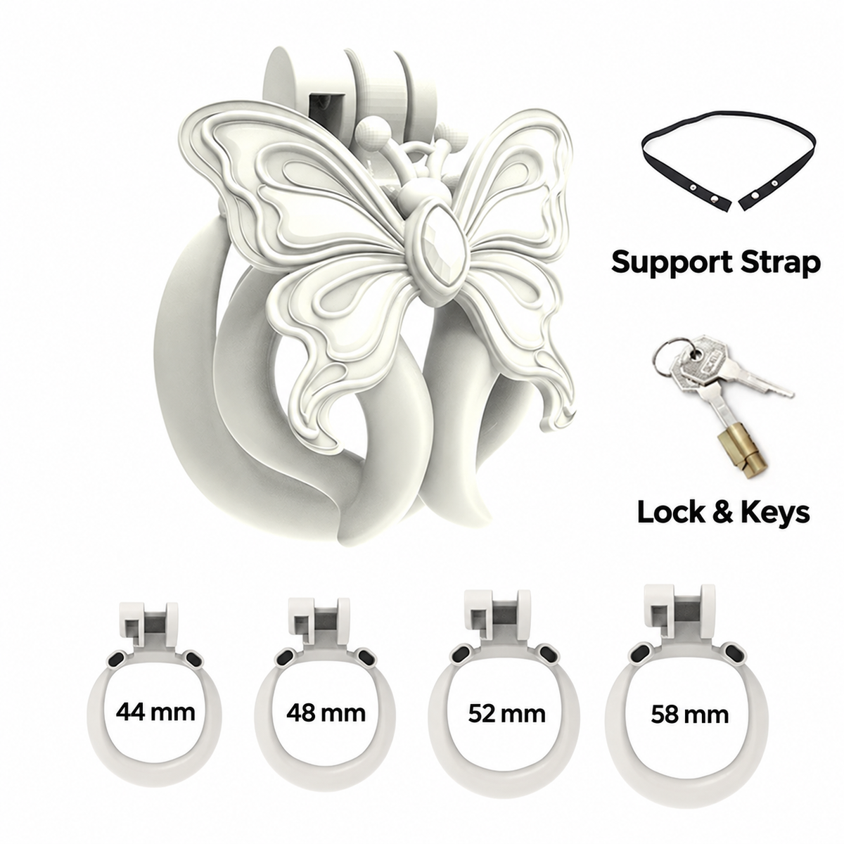 White Butterfly Wing set illustration with four base rings labeled 44, 48, 52 and 58 mm, support strap, and lock with keys