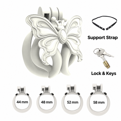 White Butterfly Wing set illustration with four base rings labeled 44, 48, 52 and 58 mm, support strap, and lock with keys