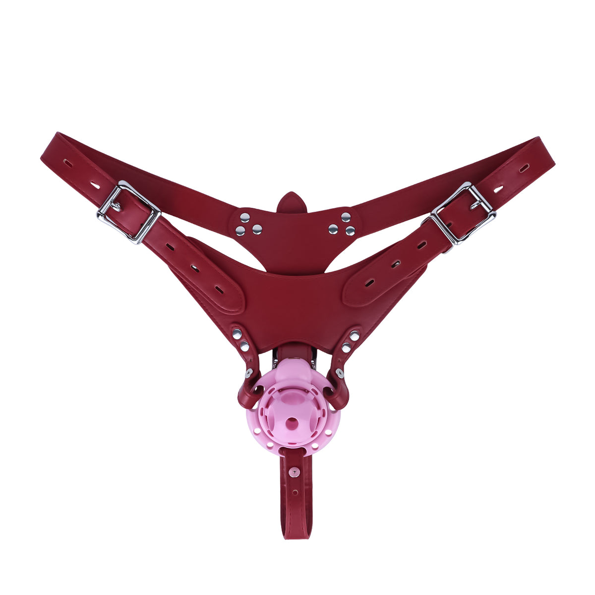 Pink Candy Heart chastity cage with red PU leather waist belt