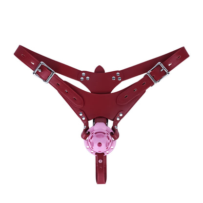 Pink Candy Heart chastity cage with red PU leather waist belt