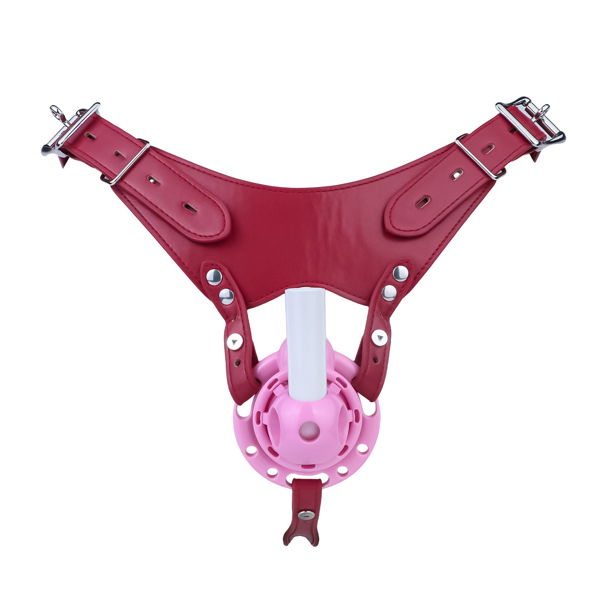 Pink vibrating Candy Heart chastity cage with red waist belt