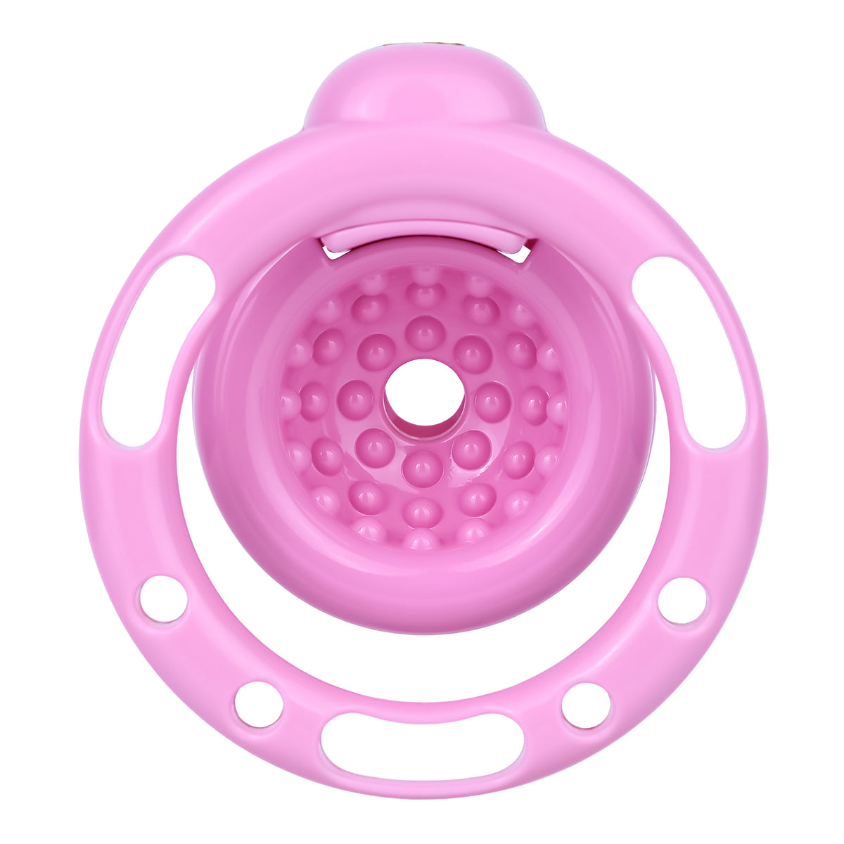 Rear view of the pink Candy Heart chastity cage