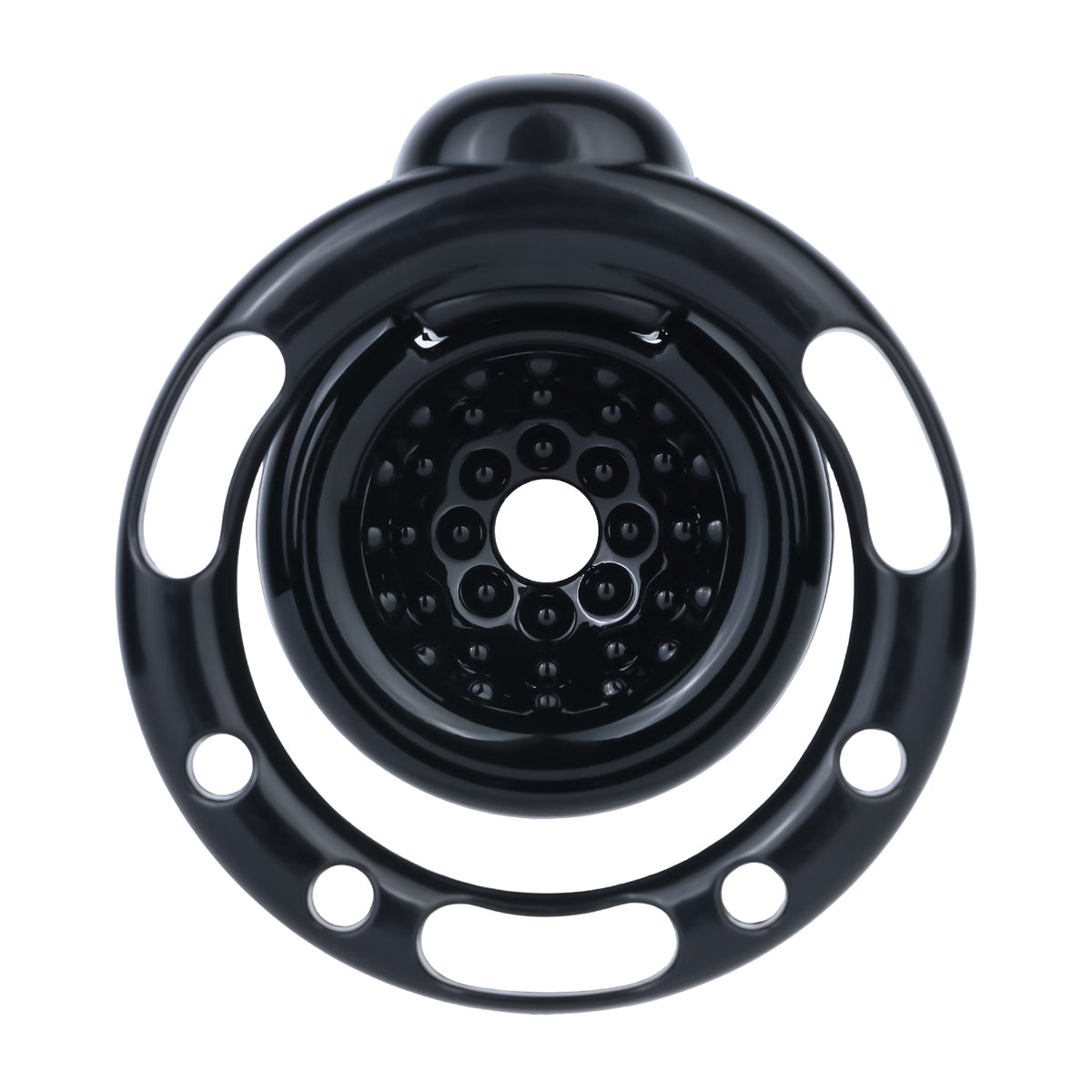 Rear view of the black Candy Heart chastity cage